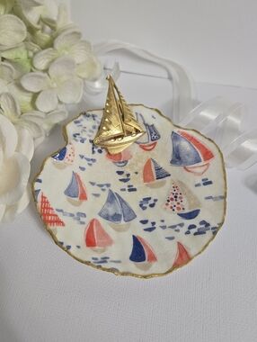 Hand Gilded Upcycled Jewelry Art Decoupage Shell Trinket Dish - Coastal Harbor